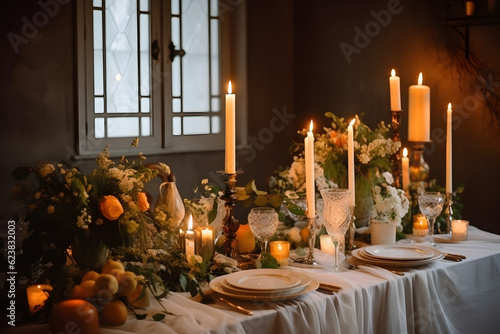 Stylish wedding table decorated with candles and flowers, neural network generated image photo