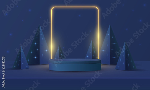 Abstract realistic 3D cylinder pedestal podium  square neon lighting background. Red  green pyramid christmas tree. Minimal wall scene mockup product display. Merry christmas and happy new year stage.