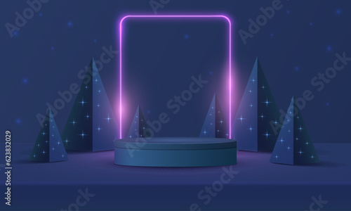 Abstract realistic 3D cylinder pedestal podium, square neon lighting background. Red, green pyramid christmas tree. Minimal wall scene mockup product display. Merry christmas and happy new year stage.