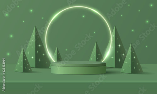 Abstract realistic 3D cylinder pedestal podium, Circle neon lighting background. Red, green pyramid christmas tree. Minimal wall scene mockup product display. Merry christmas and happy new year stage.