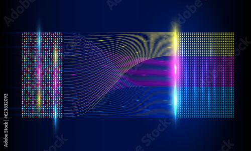 Big data technology and data science illustration. Data flow concept. Querying, analysing, visualizing complex information. Neural network for artificial intelligence. Data mining. Business analytics.