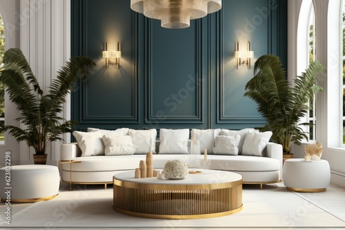 Modern living room interior design with white sofa, round coffee table and palm tree. 3d render