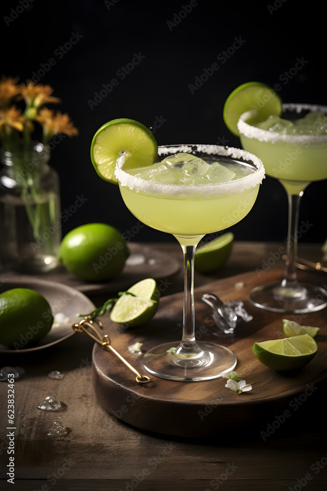 Delicious classic margarita cocktail with lime in a bar, alcoholic beverages, alcoholic drink Delicious classic margarita cocktail with lime in a bar, alcoholic beverages, alcoholic drink