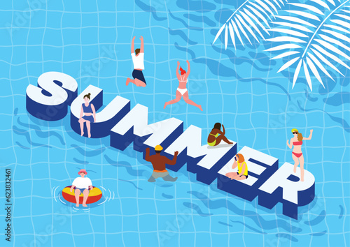 People having fun in summer swimming pool