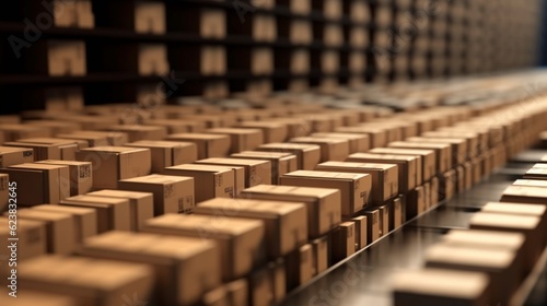 Carton boxes on a conveyor belt in a warehouse, Generative AI.