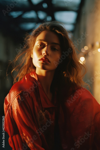 portrait of a woman/model/book character in an illuminated urban setting at night with lights in a fashion/beauty editorial magazine style film photography look - generative ai art