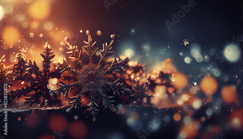 Abstract beautiful Christmas background with shiny snowflakes and bokeh. Fantasy winter backdrop with copy space Ai generated image