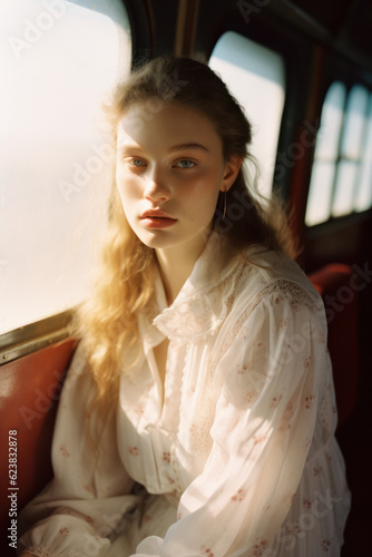 portrait of a woman/model/book character in a vintage train with floral details in a fashion/beauty editorial magazine style film photography look - generative ai art