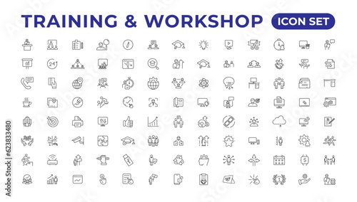 Training and workshop linear icons collection.Set of thin line web icon set, simple outline icons collection, Pixel Perfect icons, Simple vector illustration.