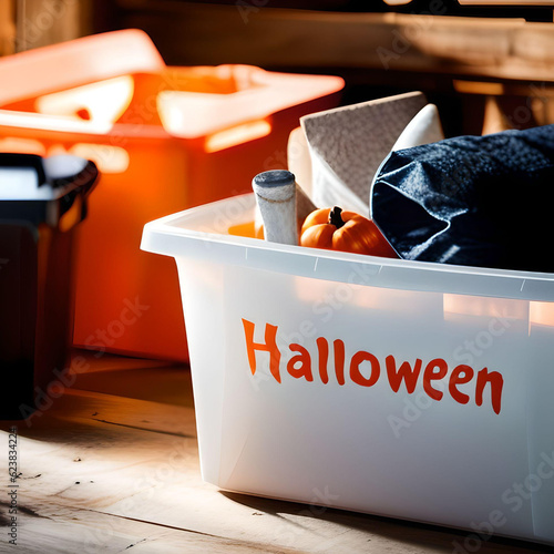 Storage Tote Filled With Halloween Decorations and Labelled With The Word Halloween 