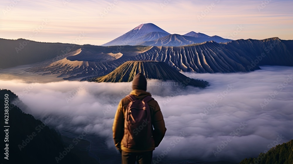 a man standing looking at bromo mountain, indonesia.