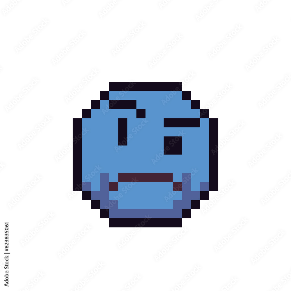 Blue sad emoticon with surprised face and one eyebrow raised pixel art ...