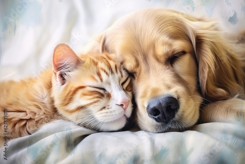 Sleeping dog and cat on bed sleeping together. Generative AI