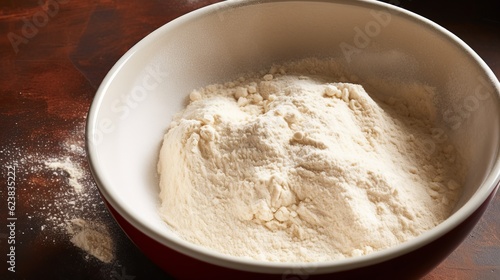 A mixing bowl with pizza dough and yeast. AI generated