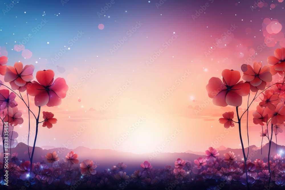 A Painting Of A Sunset With Flowers In The Foreground. Flowers, Sunsets, Painting, Colors, Landscapes, Lighting, Greeting Card. Generative AI
