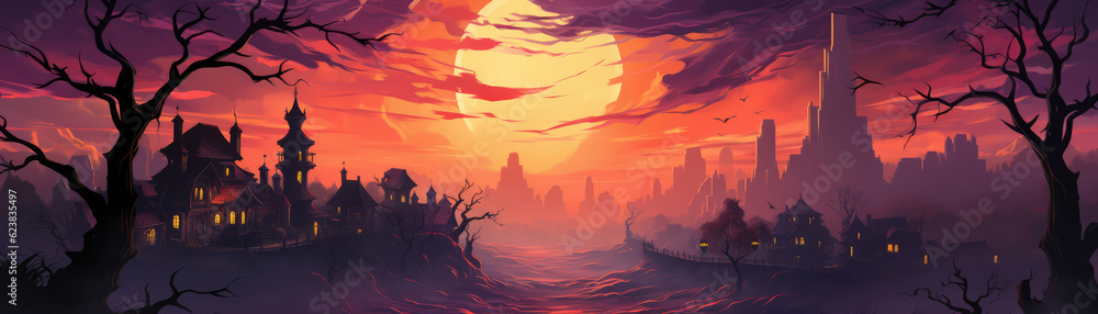 A Painting Of A Creepy Looking City At Sunset. Creepy City Sunset, Painting Technique, Light And Color Theory, Perspective, Surrealism, Shadow And Highlights, Halloween Scene. Generative AI
