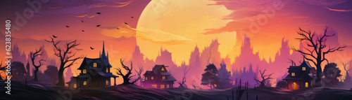 A Painting Of A Spooky Town At Sunset. The History Of Spooky Town  Artistic Interpretations Of Spooky Town  Sunset Paintings  Elements Of Spooky Town  Halloween Scene. Generative AI