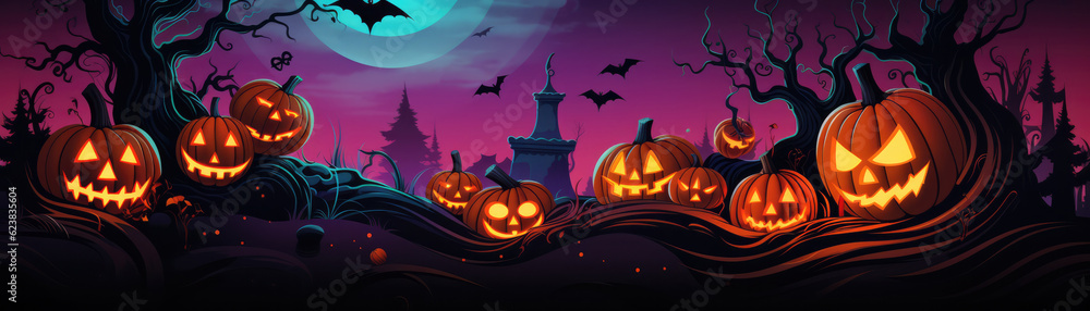 A Halloween Scene With Pumpkins And Bats. Pumpkins, Bats, Halloween, Decorations, Gardens, Parties. Generative AI