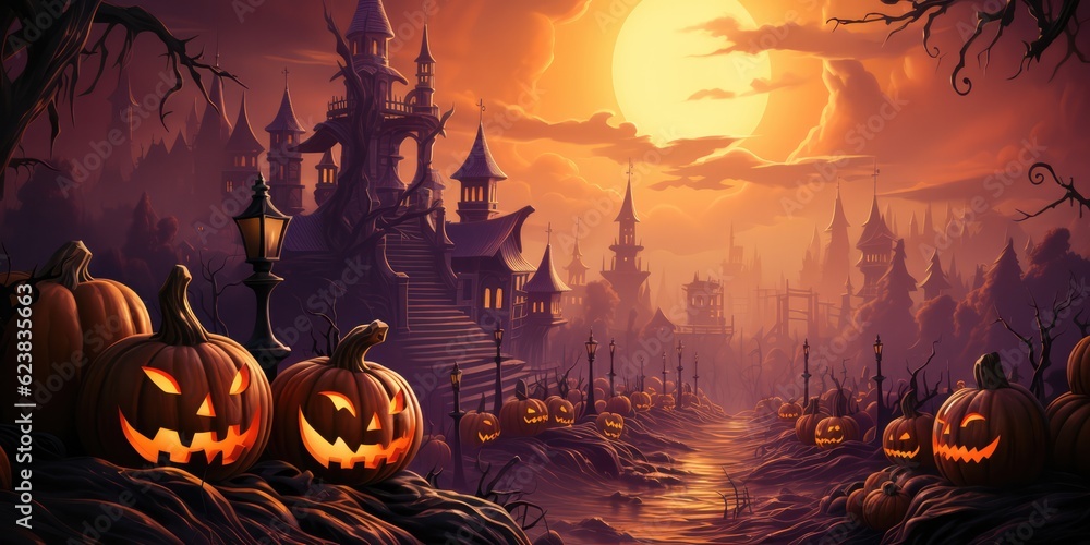 A Halloween Scene With Pumpkins And A Castle. Pumpkins, Castle, Halloween, Scenery, Decorations, Costumes. Generative AI