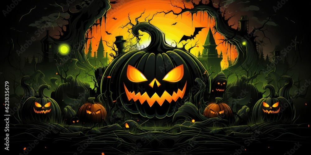 A Halloween Scene With Jack O Lantern Pumpkins. Halloween, Jack Olanterns, Pumpkins, Spooky Scenes, Costumes, Parties. Generative AI