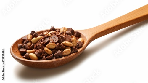 A wooden spoon with chocolate chips and nuts. AI generated