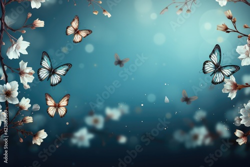 A Group Of Butterflies Flying Over A Blue Background. Butterflies, Blue Background, Natural Beauty, Winged Insects, Migration, Flight, Greeting Card. Generative AI