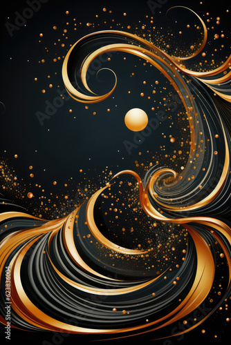 Black  Stylish New Year Template With A Golden Glittering Wave Of Gold Sparkles And Stars. Generative AI