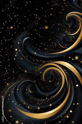 A Black And Gold Background With Swirls And Stars. Gold And Black Colors  Swirl Patterns  Stars Design  Background Styling  Interior Decorating  Artistic Elements  Greeting   ard. Generative AI
