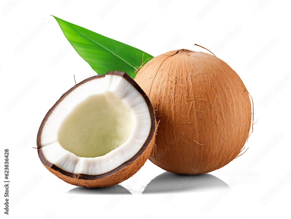 Whole and half coconut slice isolated on transparent or white background, png Whole and half coconut slice isolated on transparent or white background, png