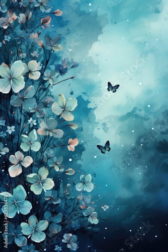 A Painting Of Flowers And Butterflies In The Sky. Colorful Skies, Floral Arrangements, Butterfly Diversity, Painting Techniques, Joyful Atmosphere, Nature Art. Generative AI