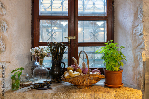 Fresh herbs and vegetables in European kitchen