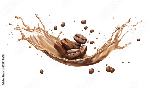 Coffee splash with coffee beans isolated on transparent or white background, png © Medard