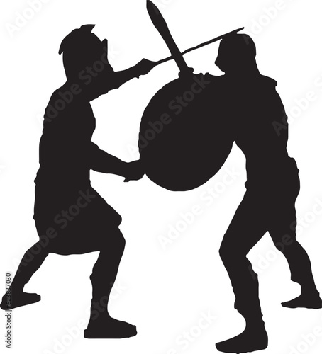 Warriors Clash Silhouette of Gladiator Fight with Weapons, Battles of Valor Silhouette of Epic Gladiator Due, Spectacle of Strength, Gladiator's Triumph