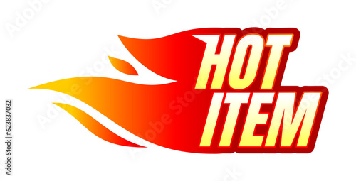 Hot item text with flame icon. hot sale, hot product, logo. Vector illustration