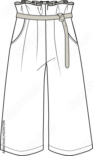 GIRLS WEAR WIDE CROP PAPER BAG WAIST PANT BELL BOTTOM FLAT DESIGN SKETCH VECTOR