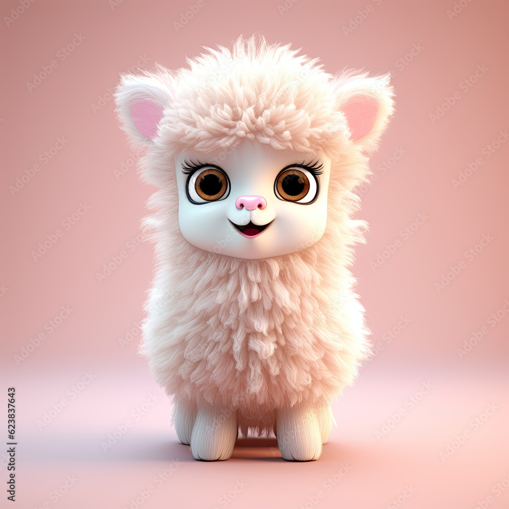 Cute Alpaca, 3d cartoon, big eyes, friendly, solid background, minimalistic Cute Alpaca, 3d cartoon, big eyes, friendly, solid background, minimalistic