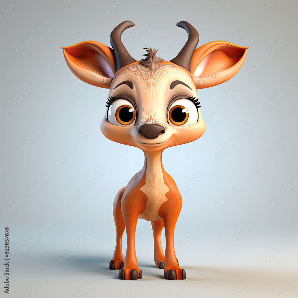 Cute Antelope, 3d cartoon, big eyes, friendly, solid background, minimalistic Cute Antelope, 3d cartoon, big eyes, friendly, solid background, minimalistic