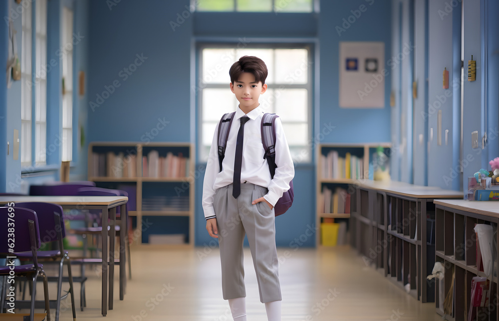 Asian student boy with backpack. Concept of back to school. AI generated Asian student boy with backpack. Concept of back to school. AI generated