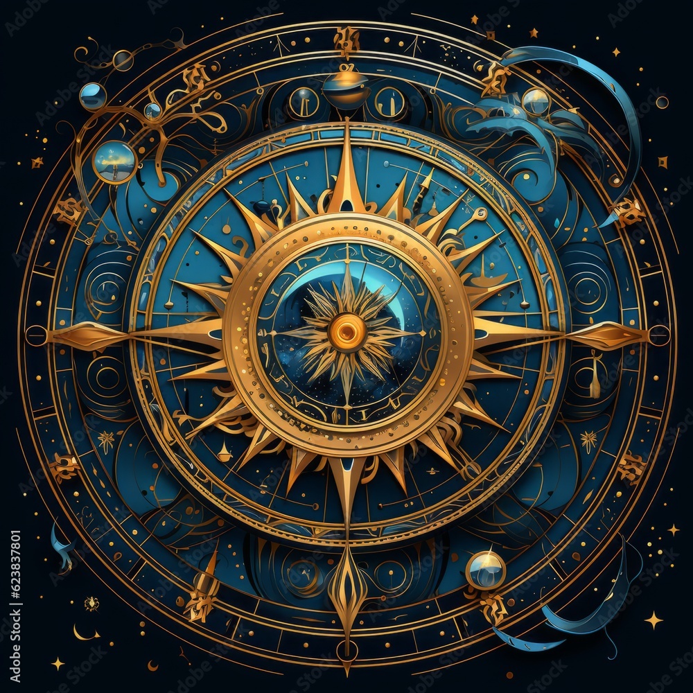 Illustration of a golden sun with decorative elements. Golden sun with ornamental elements on dark background. Illustration of the sun in a circle with golden ornament on a blue background.