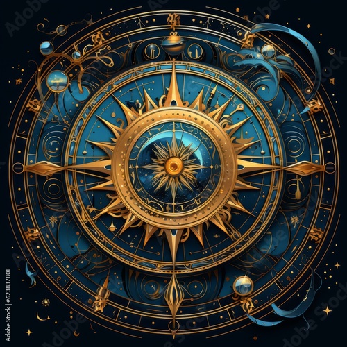 Illustration of a golden sun with decorative elements. Golden sun with ornamental elements on dark background. Illustration of the sun in a circle with golden ornament on a blue background.