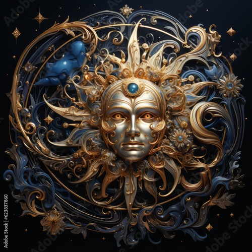 Golden mask with a glowing eyes in a sun-shaped circle with flames. Golden male mask with ornament on dark blue background. Symbol of mystery and magic. High resolution AI generated illustration.