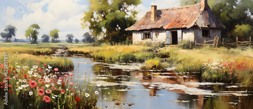 an oil painting of a home by the river Generated by AI