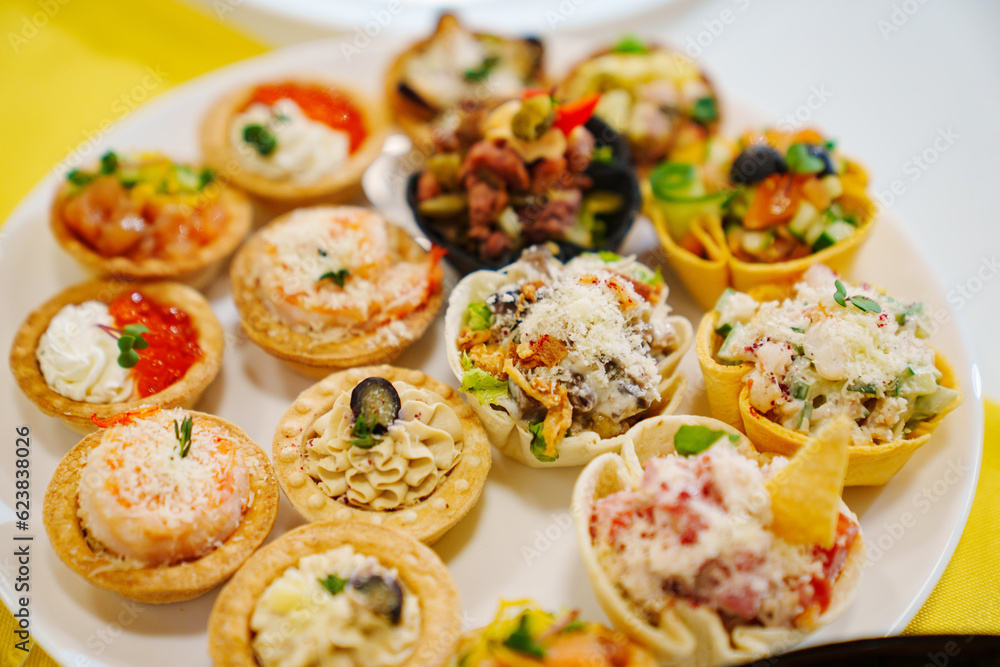 Canapes tartlets with various delicious fillings on a plate.
