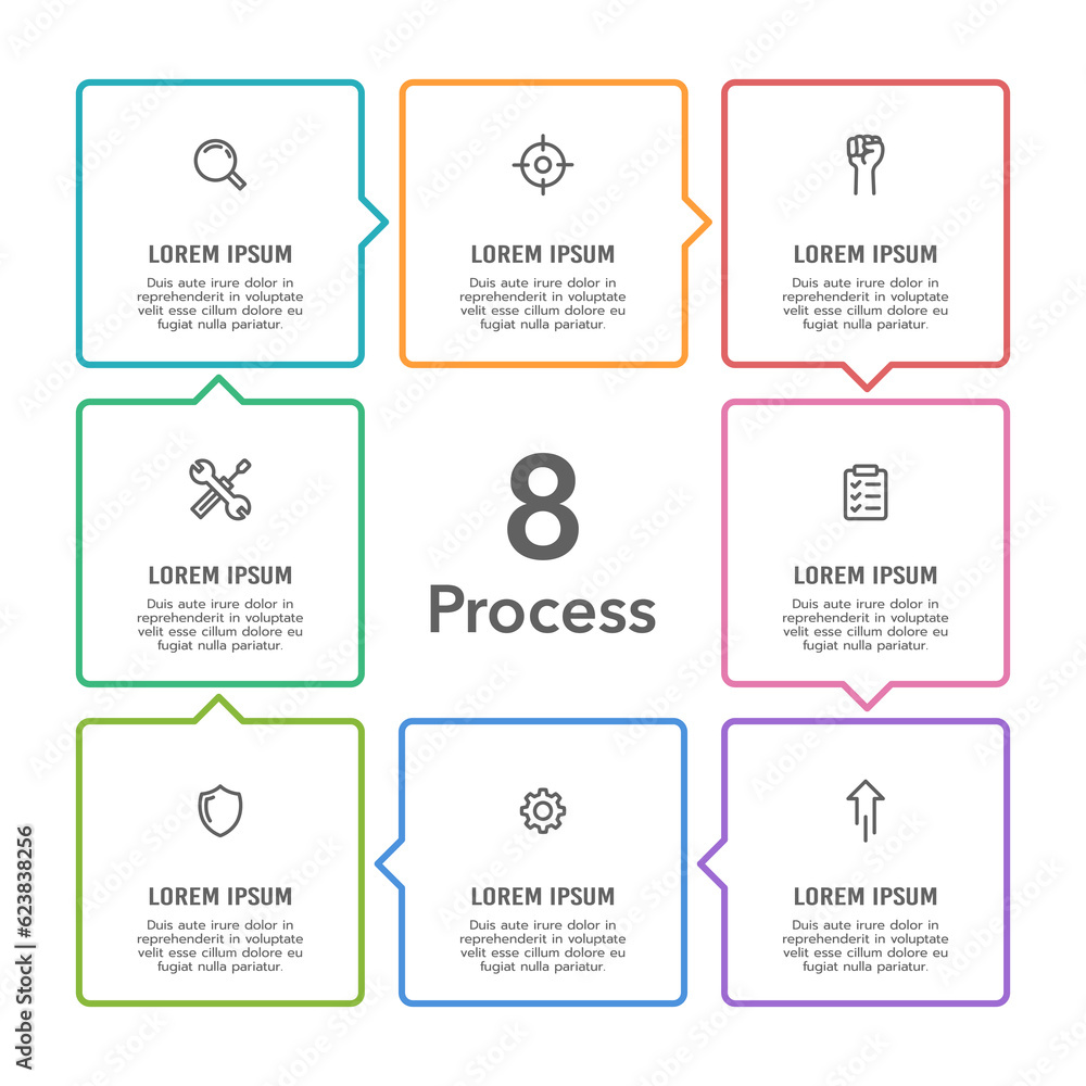 8 Process to success. Infographic square cycle 8 steps. Business presentation. Vector illustration.