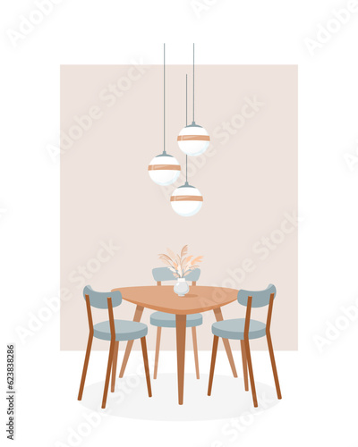 Interior of living room in light colors. Dining triangular wooden table on three legs, three soft chairs with gray upholstery, chandelier above table with round shades. Vector illustration.