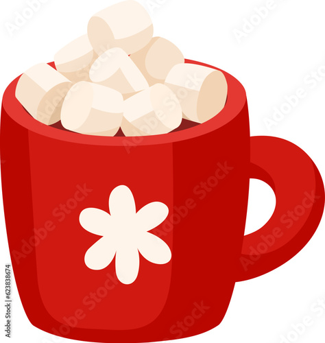 Hot chocolate or cocoa with marshmallows in red mug with snowflake. Christmas drink vector illustration.
