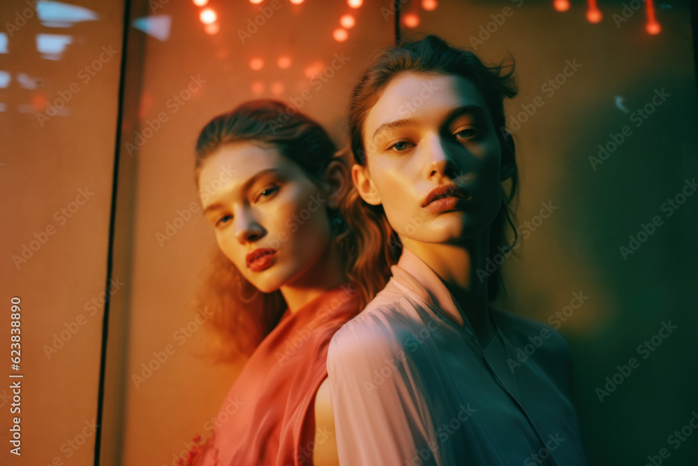 portrait of two women/models/book characters in daylight scene for lgbtq + awareness embracing in a fashion/beauty editorial magazine style film photography look - generative ai art portrait of two women/models/book characters in daylight scene for lgbtq + awareness embracing in a fashion/beauty editorial magazine style film photography look - generative ai art