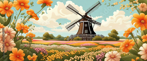 Old windmill with beauty field of different colorful flowers sunset. Graphic #623838899