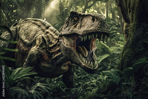 Tyrannosaurus rex hunts in a prehistoric forest and growls with its mouth open  created with Generative AI