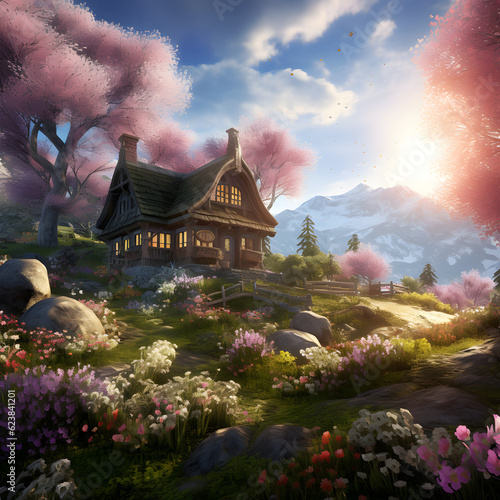 fantasy Theme, Spring, house, cabin, remote, pink cherry blossom trees, plants, flowers, nature, mountain 